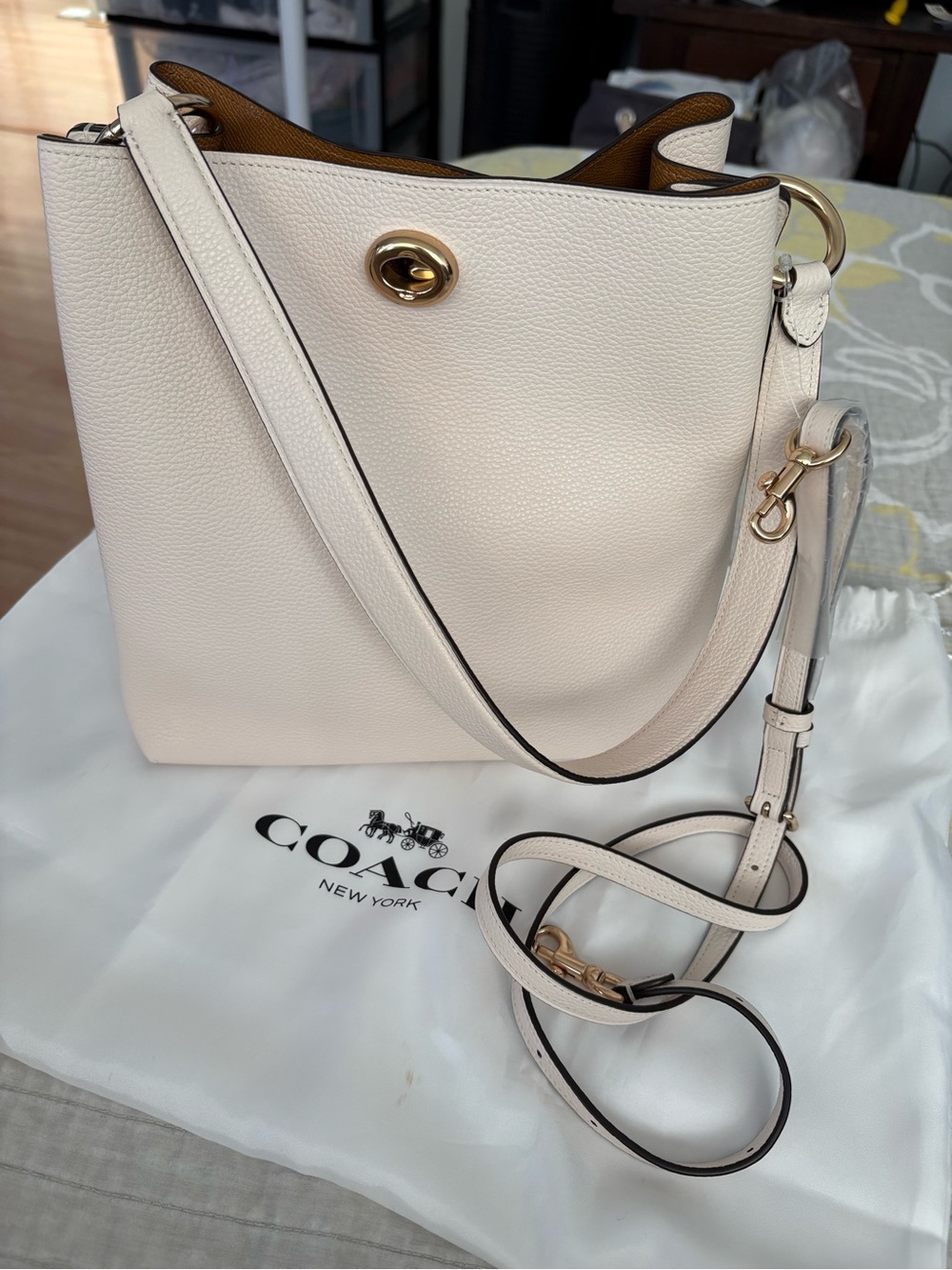 Coach Pebbled Leather Shoulder Bag in Chalk White with Gold Hardware
